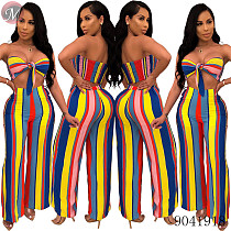 9041918 2019 Summer colorful striped strapless crop top and pants sexy two piece set