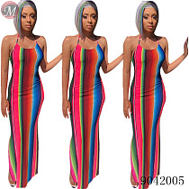 9042005 Women fashion rainbow stripe maxi dress summer women clothing