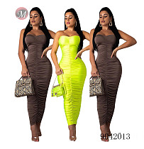 9042013 Hot sale women pure color wrap chest pleated bandage dress