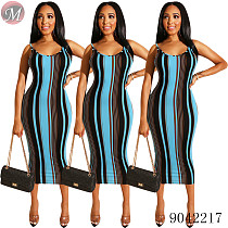 9042217 2019 New women striped sleeveless suspender midi dress