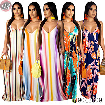 9042309 Women summer fashion loose printed suspender maxi dress