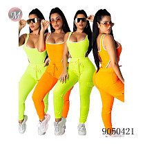 9050421 Women summer clothing solid color bodysuit with long pants two piece set queenmoen