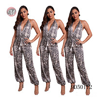 9050112 Sexy stylish snake skin printed halter backless jumpsuit summer wear queenmoen