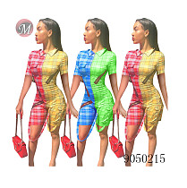 9050215 New design fashion contrast color plaid jumpsuit with drawstring and zipper women streetwear queenmoen