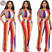 9061313 queenmoen wholesale striped blank casual woman pants two piece set with crop top in digital print