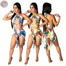 9062407 queenmoen sexy backless cross V neck floral print chest wrap woman two piece swim wear sets