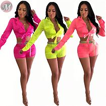 9062421 queenmoen new 2019 3 colors fluorescent fashion woman wholesale shirt and shorts two piece set outfit