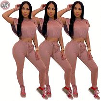 9061718 queenmoen hot sale summer pink crop top long pants wholesale stylish tracksuit for woman 2019