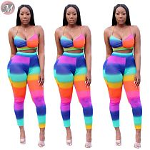 9070603 queenmoen fashion rainbow stripe sexy bra long pants wholesale woman sexy two piece set
