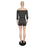 Q072408 Fashion plain color sexy word collar off-shoulder print short jumpsuit