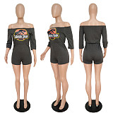 Q072408 Fashion plain color sexy word collar off-shoulder print short jumpsuit