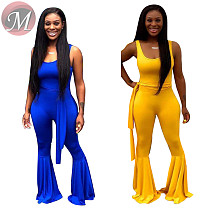 9071932 queenmoen new style fashion solid color sleeveless woman flared leg jumpsuit with belt