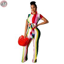 9072604 queenmoen latest design crop top tie colorful striped woman one piece sexy bodycon jumpsuit