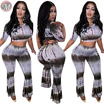 9072615 queenmoen new style casual fashion tie dye crop top flared pants woman summer 2 piece suits set