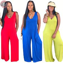 9073129 queenmoen best seller v neck sleeveless woman loose solid color wide leg jumpsuit with pocket