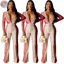 9073110 queenmoen new style deep v neck long sleeve latest design gradient woman fashion jumpsuits