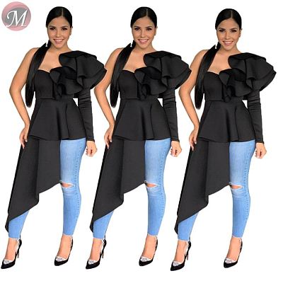 9080504 queenmoen wholesale new one shoulder black sexy long tail long sleeve ruffle woman blouse