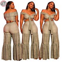 9080514 queenmoen 2019 fashion off shoulder crop top snakeskin wide leg woman pants clothing two piece set