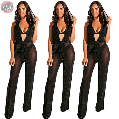 9080519 queenmoen fashion sexy solid color hooded backless straight leg deep v mesh sexy woman jumpsuit
