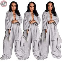 9080833 queenmoen newest fashion long sleeve solid loose wide leg pants woman clothing set two piece