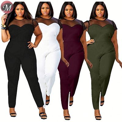D908021 queenmoen fashionable short sleeve round neck mesh patchwork sexy fashion solid plus size woman jumpsuit