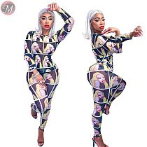 9081416 queenmoen 2019 casual long sleeve character print mesh fabric top and pants sexy mujer jumpsuit two piece set