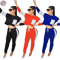 9081428 queenmoen new stylish long sleeve patchwork sequin short top casual sport women clothing two piece pants set