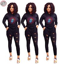 9081929 queenmoen hot sale long sleeve lip print hooded top burnt-out hole pocket black pants women clothing two piece set