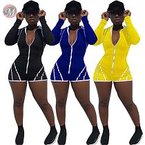 9082113 queenmoen hot selling solid color ribbon strip spliced long sleeve zipper up women bodycon short jumpsuits rompers