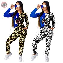 9082122 queenmoen hot onsale long sleeve lropard print contrast color blouse straight pants women clothing 2 piece set