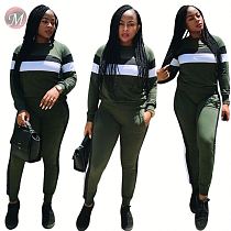 9082125 queenmoen latest design casual sports stripe spliced long sleeve pullover top long pants women two piece clothing set