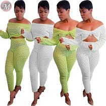 9082219 fashion sexy off shoulder long sleeve skinny crochet fishnet solid color women two piece pants set