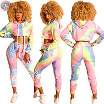 9082227 new arrival autumn colorful print long sleeve crop hoodie pencil pants woman two piece set