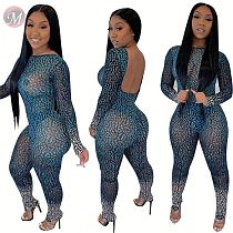 9082711 autumn backless long sleeve sheath knitted mesh transparent club 2019 print one piece women sexy jumpsuit