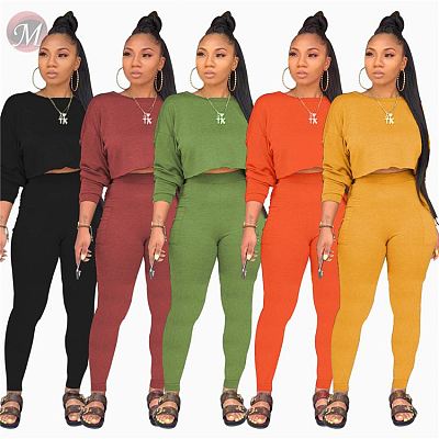 9082725 good quality solid candy color long sleeve crop top pocket high waist ladies pants 2 piece sets