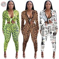 9082715 best seller leopard newspaper print long sleeve tie crop top pants women tracksuit set nightclub two piece