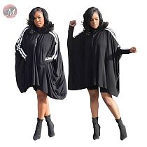 9082101 queenmoen wholesale new black side strip hooded zipper long batwing sleeve loose women pullover sweatshirt hoodie