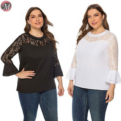 D909026 wholesale fashion solid color lace patchwork long sleeve loose 2019 plus size women top and blouses