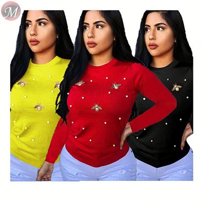 9091626 fashionable Autumn and winter long sleeve solid beading top women clothing casual blouse