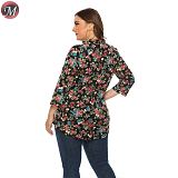 D909040 latest design turn-down collar long sleeve floral print women plus size blouse