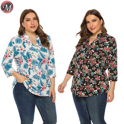 D909040 latest design turn-down collar long sleeve floral print women plus size blouse