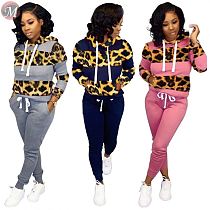 9091801 fashion sports leisure leopard stripe hooded women two piece outfits pant sets