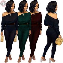 9092003 new style autumn solid color sloping shoulder casual women two piece pants suits set