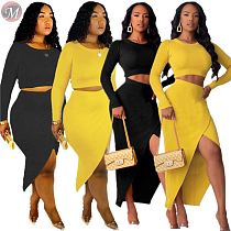 9091815 2019 sexy solid slit skirt long sleeve autumn dress two piece outfits set women clothing