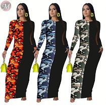 9092104 wholesale camouflage patchwork long sleeve pocket Latest Casual Designs Fashion Women Maxi Dress