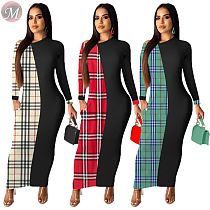 9092119 newest design autumn checks patchwork long sleeve Long Maxi Women Casual Dresses
