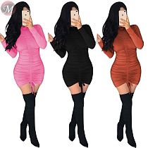 9092105 casual solid color pleated wrinkled open back Long Sleeve Women Mini Hot Sale Dress