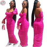 9100130 cheap apparel off shoulder top pleated sheath maxi Long Skirt Women Clothing Two Piece Sets