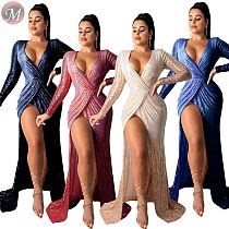 9100725 fashionable long sleeve deep V high split sequins Designer Maxi Club Women Dresses Sexy