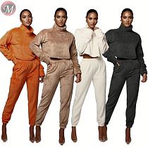 9100720 high quality high collar solid villus tracksuit Pant Women Clothing Two Piece Sets